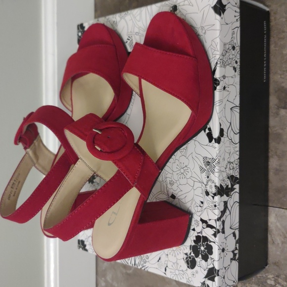 Ruby Red Suede Strap Chunky Heels - Picture 6 of 8